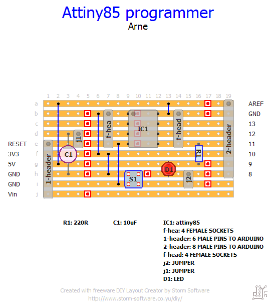 Stripboard Arduino Shield for Programming ATtiny45 and ATtiny85 : 6 ...
