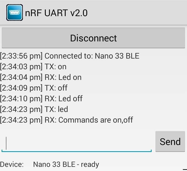Using the Nordic NRF UART 2.0 App to Connect to the NANO 33 IoT Via BLE
