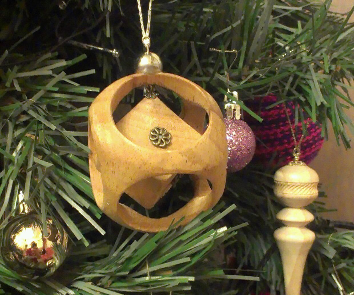 Wooden Cube in a Sphere Christmas Bauble Tree Ornament