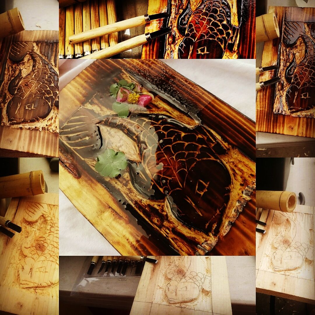 wood carve koi fish