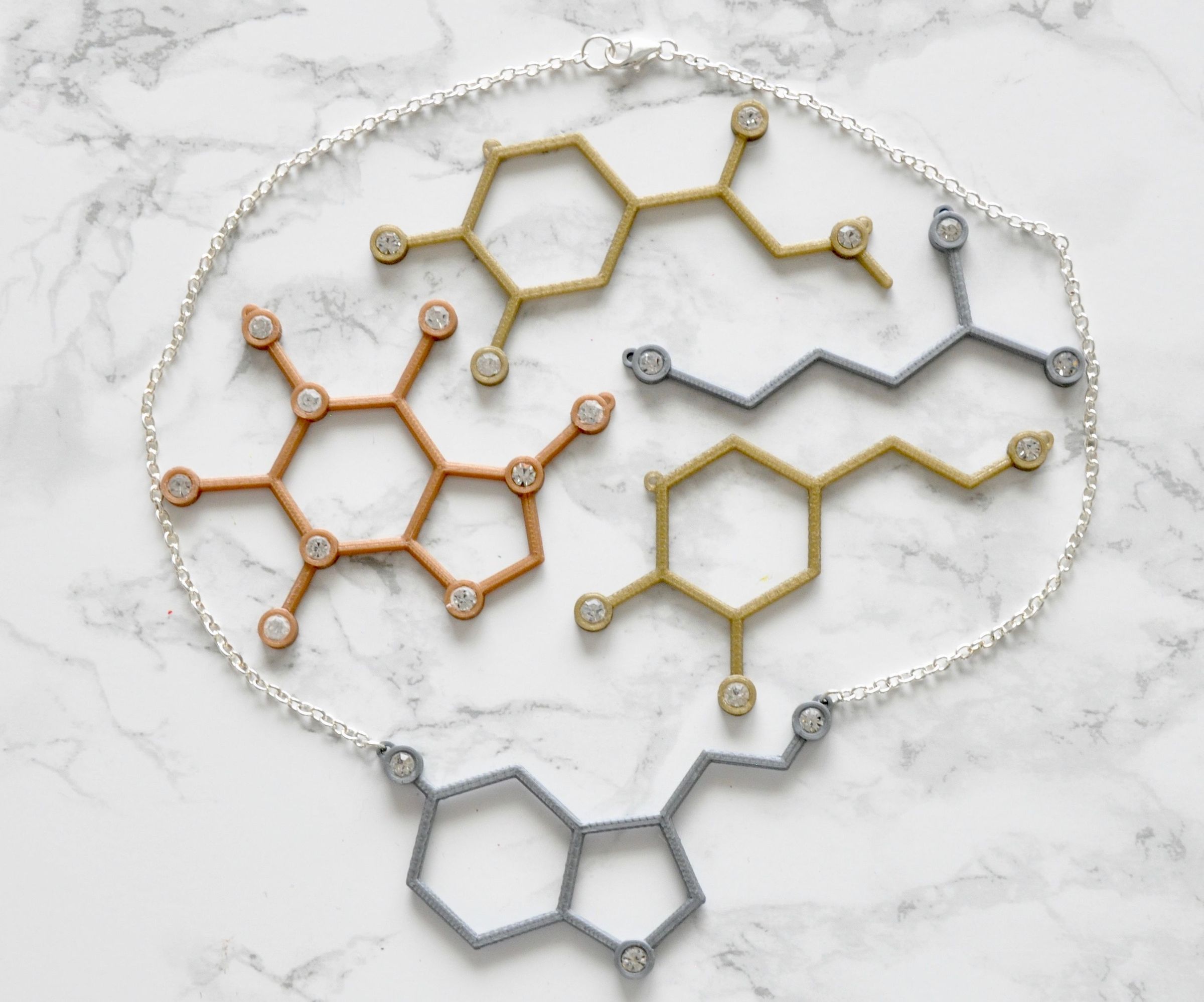 Rhinestone and 3D Print Molecule Necklaces