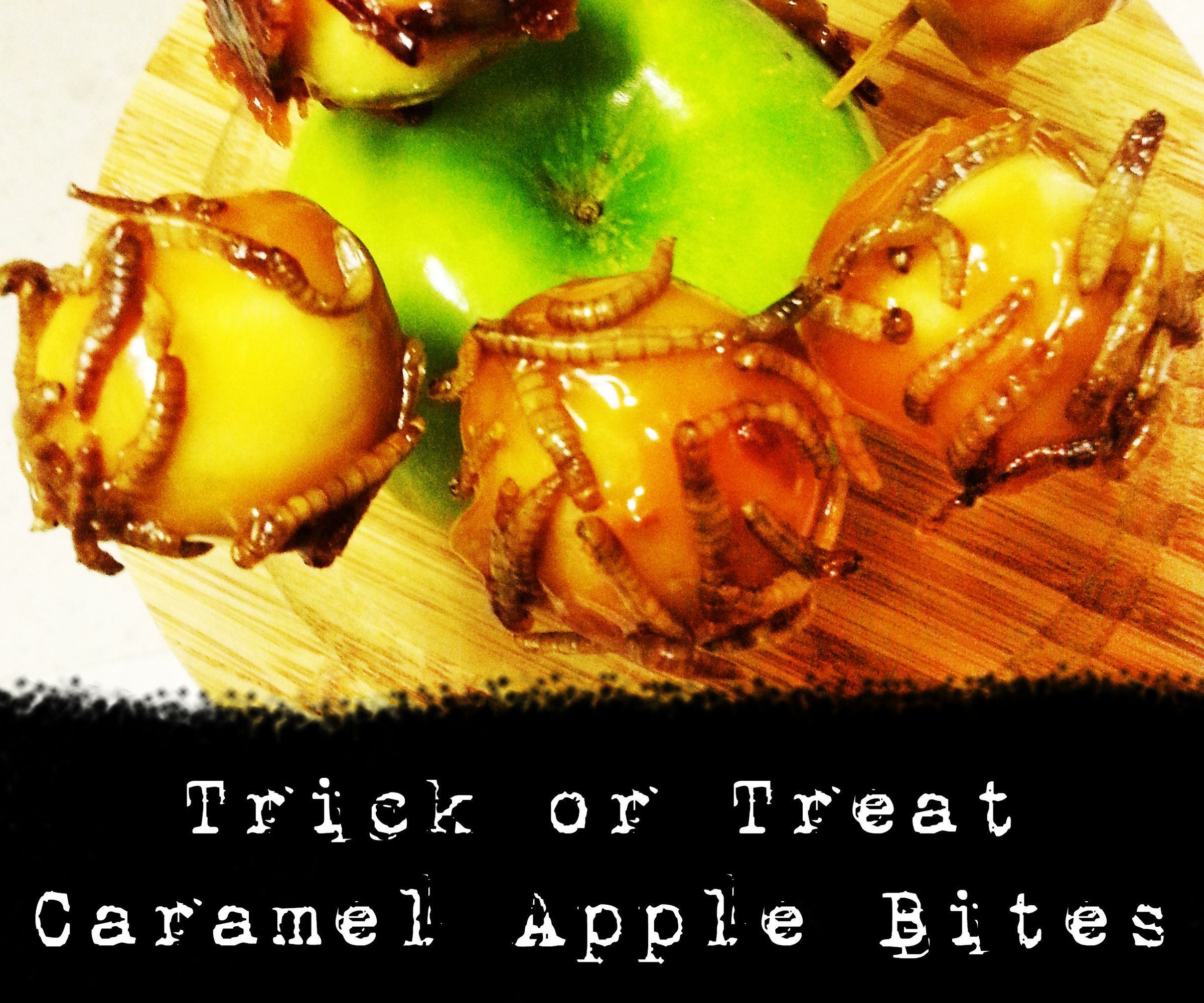 Trick or Treat Caramel Apple Bites With Candied Bacon and Mealworms 