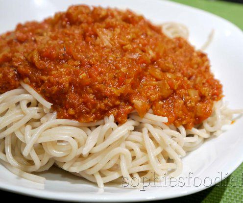 Vegan Veggie Seitan Pasta Sauce on a Bed of Spelt Spaghetti