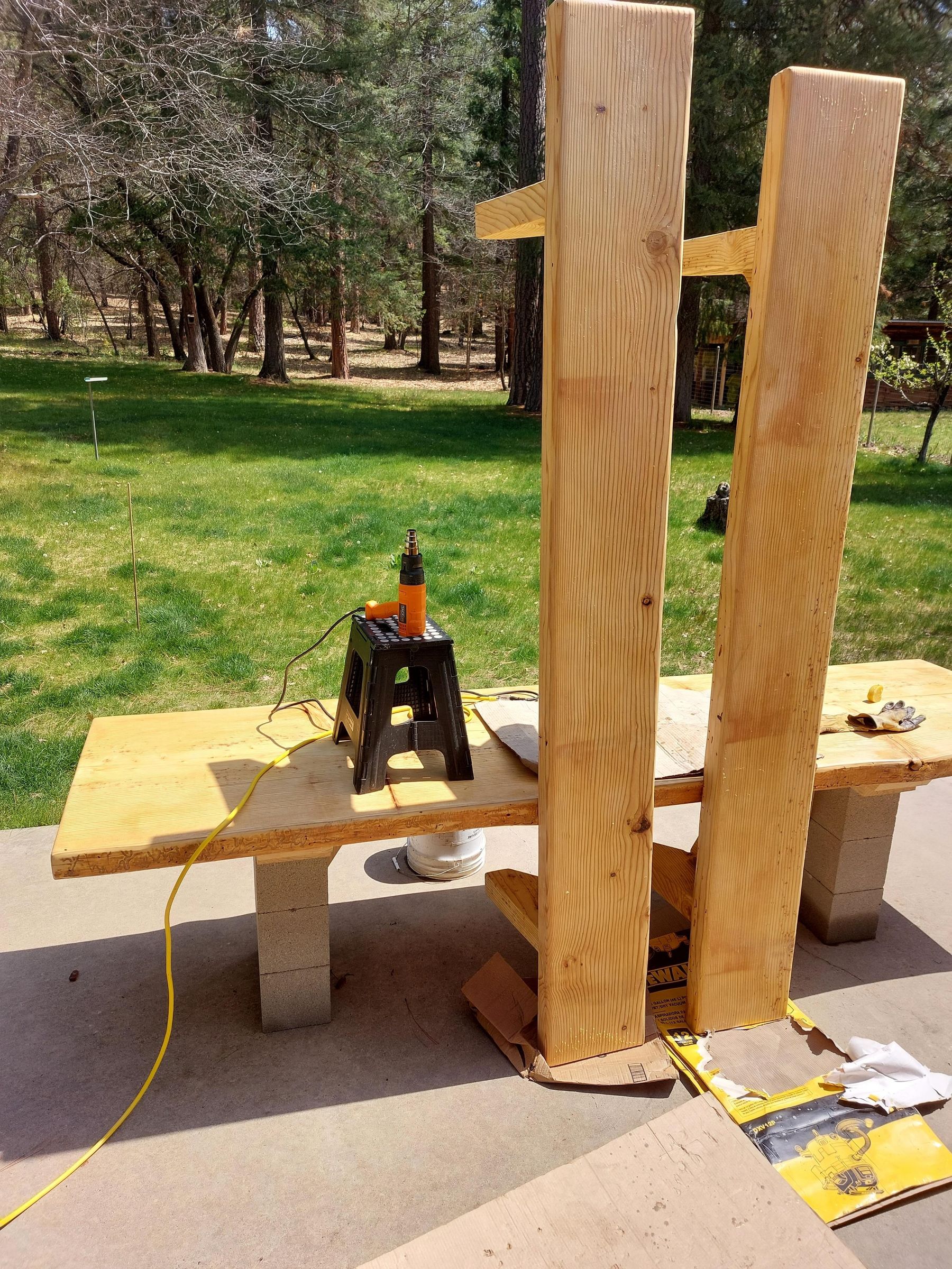 Patio Table With Cinder Block Legs and Beeswax Finish (Benches Included