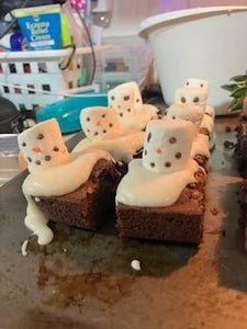 Chocolate-Covered Strawberries and Melting Marshmallow Snowmen on 16 Fudge Brownies