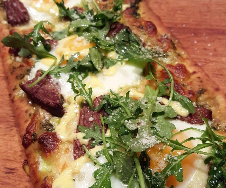 Steak and Eggs Benedict Flatbread