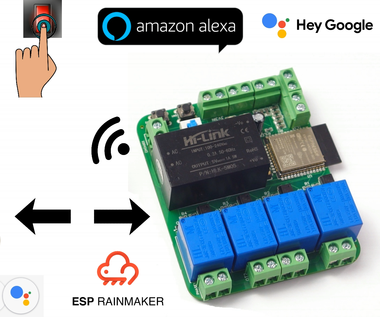 Voice, Manual & App Controlled Home-Automation System Using ESP-Rain-Maker, IOT Project.