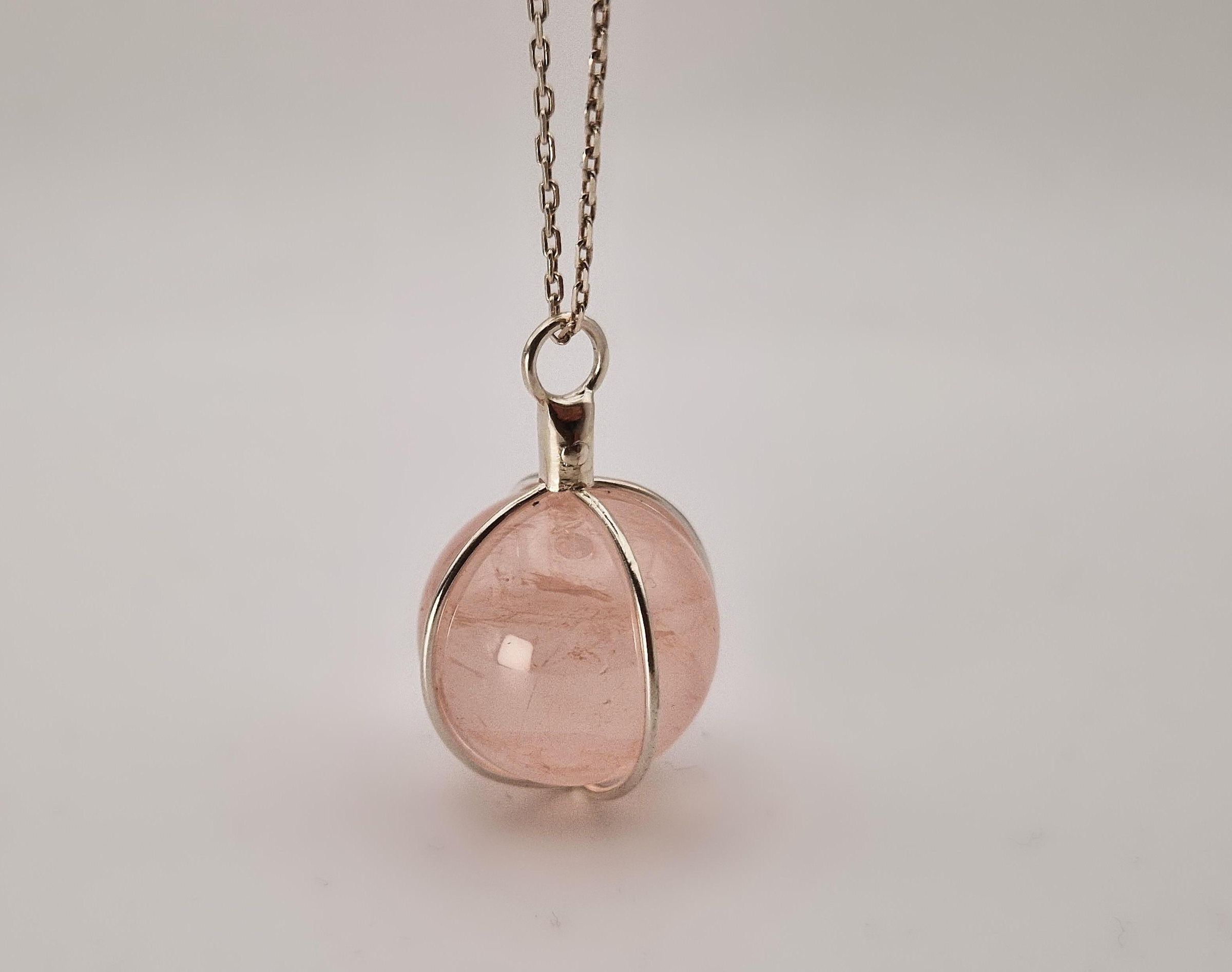 Rose Quartz Sphere Pendant in a Silver Riveted Cage