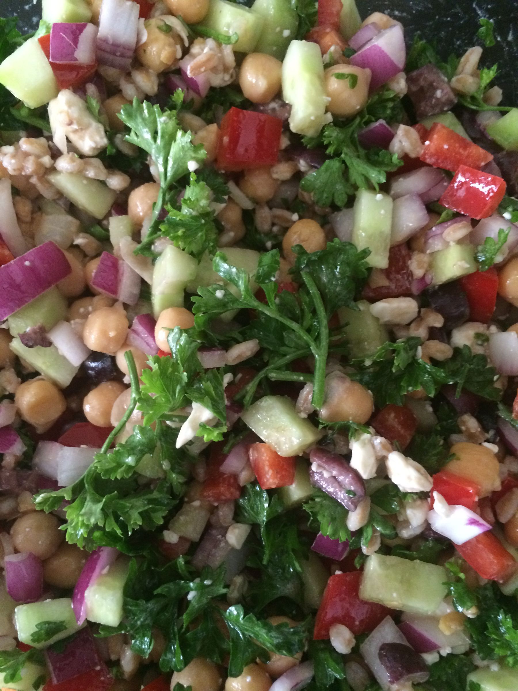 Summer Greek Farro Salad (vegan optional)