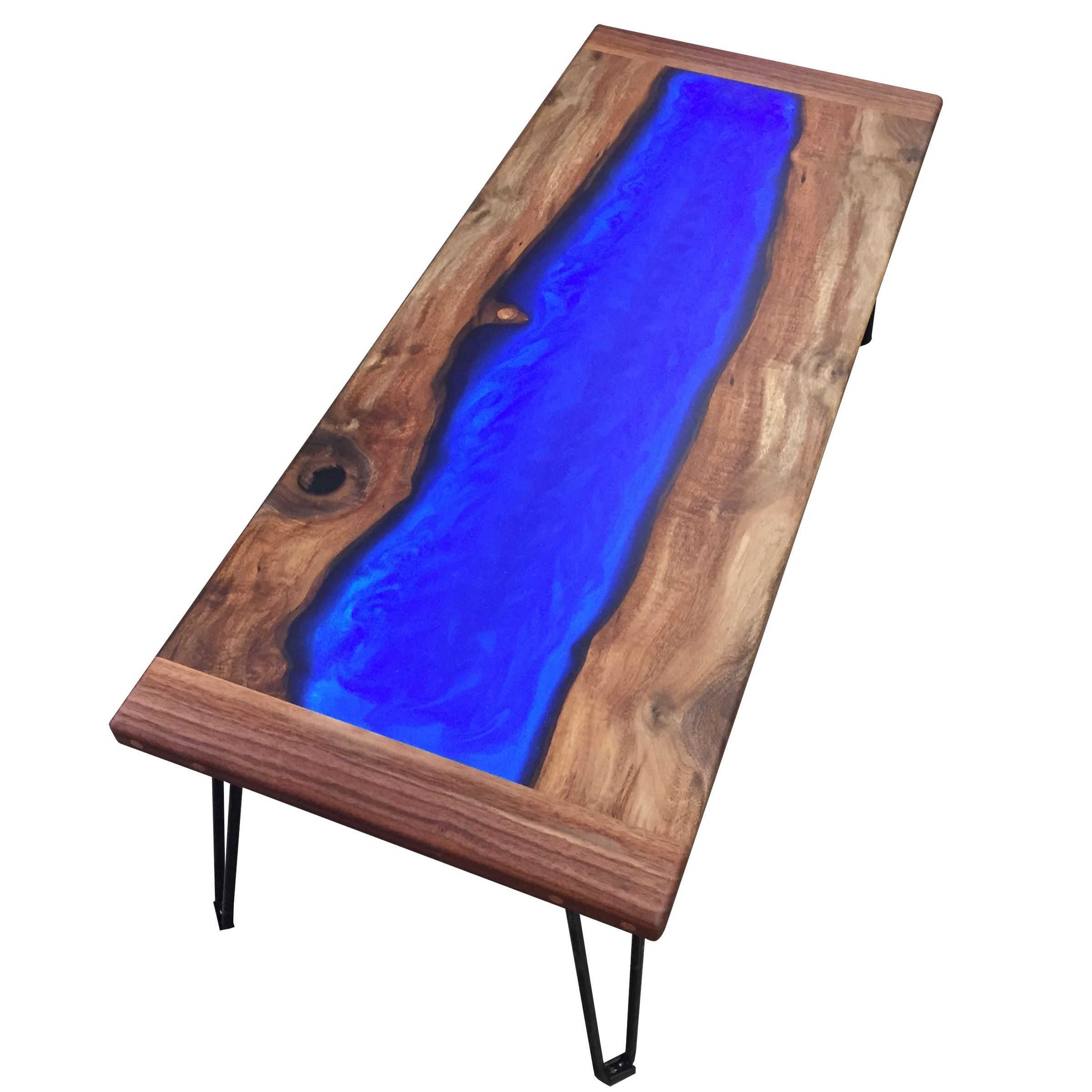 LED Lit Walnut and ResinRiver Coffee Table That Charges Your Phone