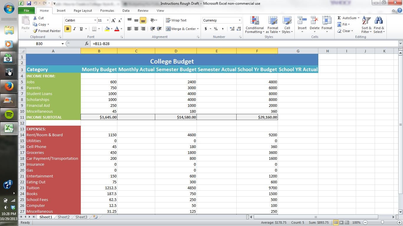 How to Create a CollegeStyle Budget Using Excel 12 Steps Instructables