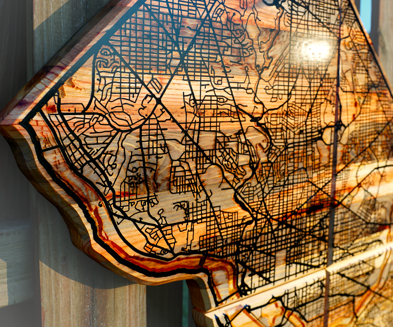 Reclaimed Wall Map With Epoxy Resin River and Road Inlay (Washington, D.C.)