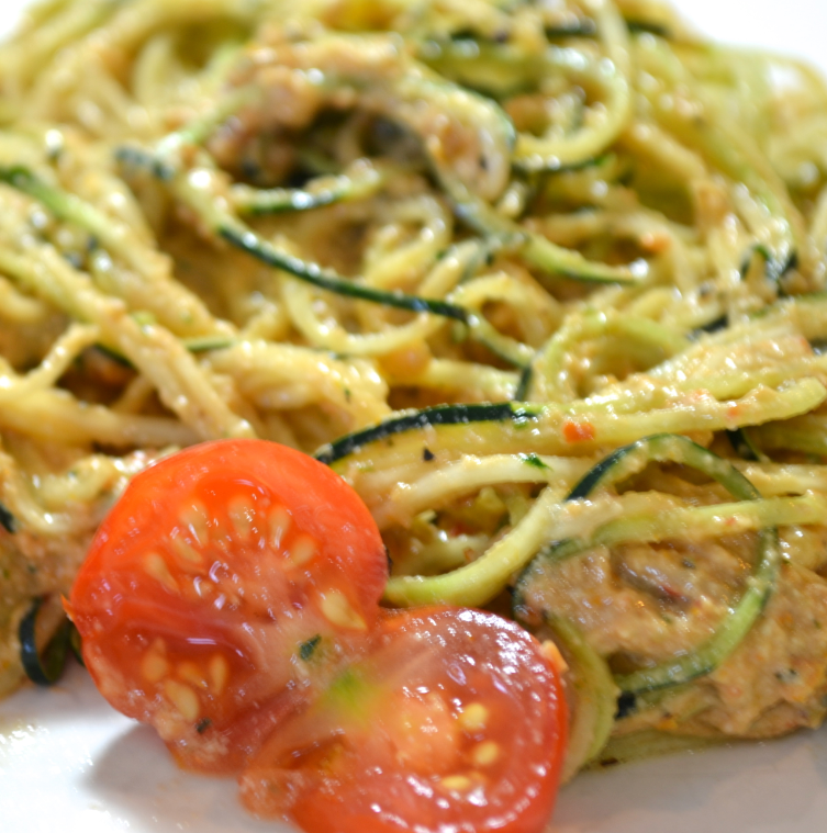 Raw Sundried Tomato Cashew Pesto Sauce & Zucchini Pasta (gluten-free, Dairy-free, Soy-free)
