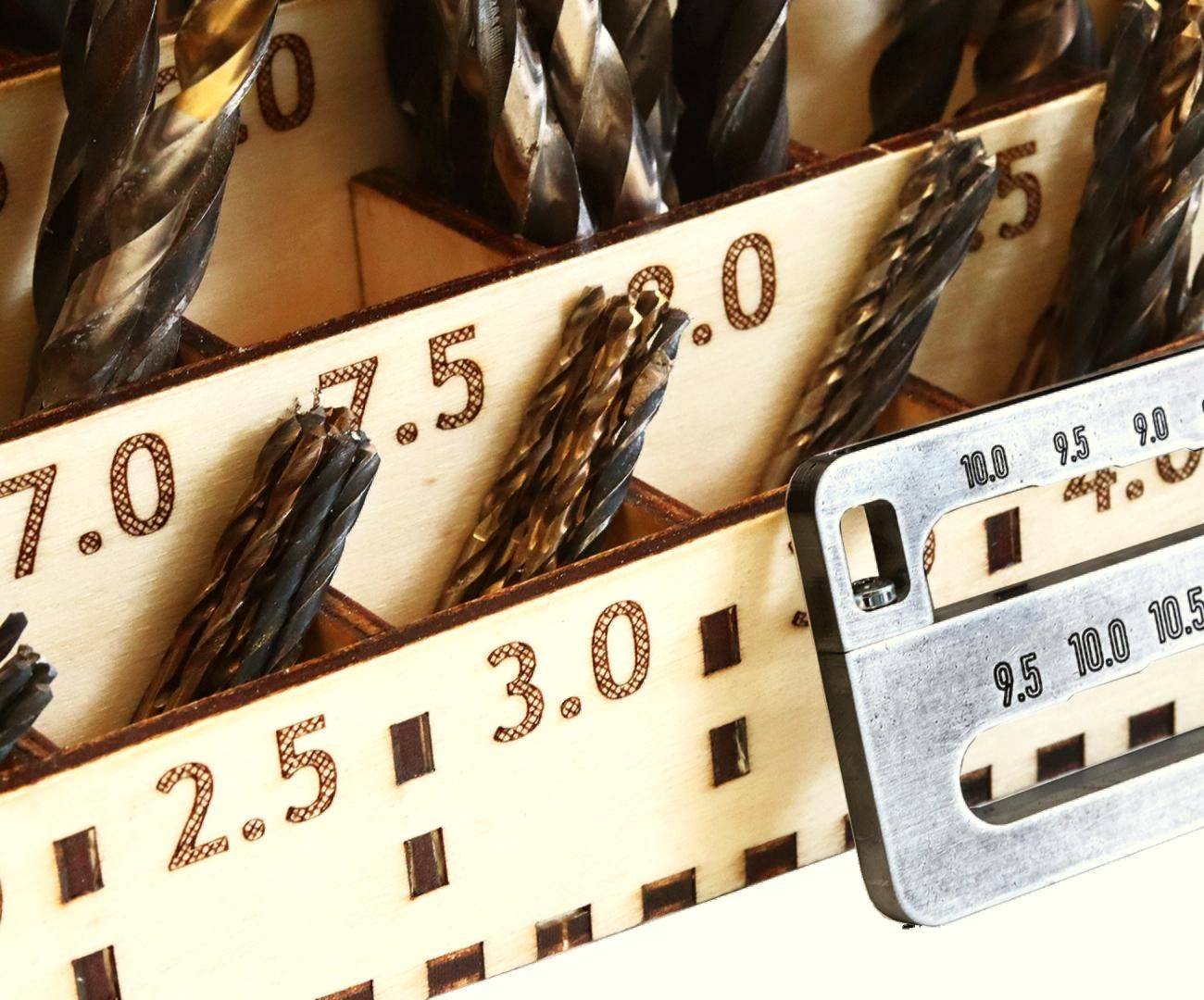 Laser Cut Drill Bit Organizer and CNC Routed Drill Bit Sorting Gauge