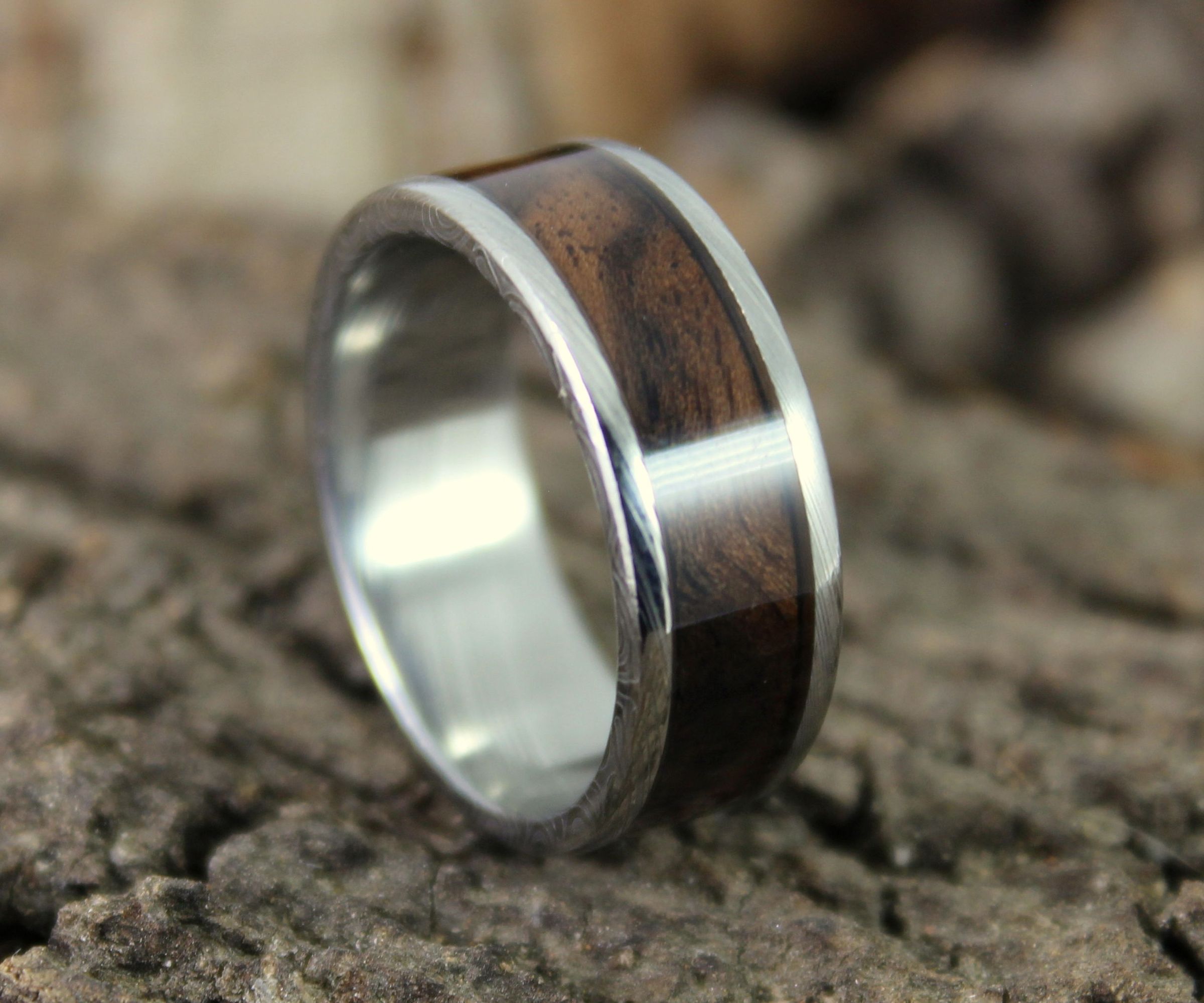 Damascus Steel Ring With Wood Inlay