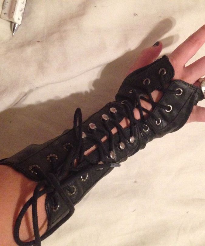 Laced Fingerless Gloves Made From Reused Combat Boots