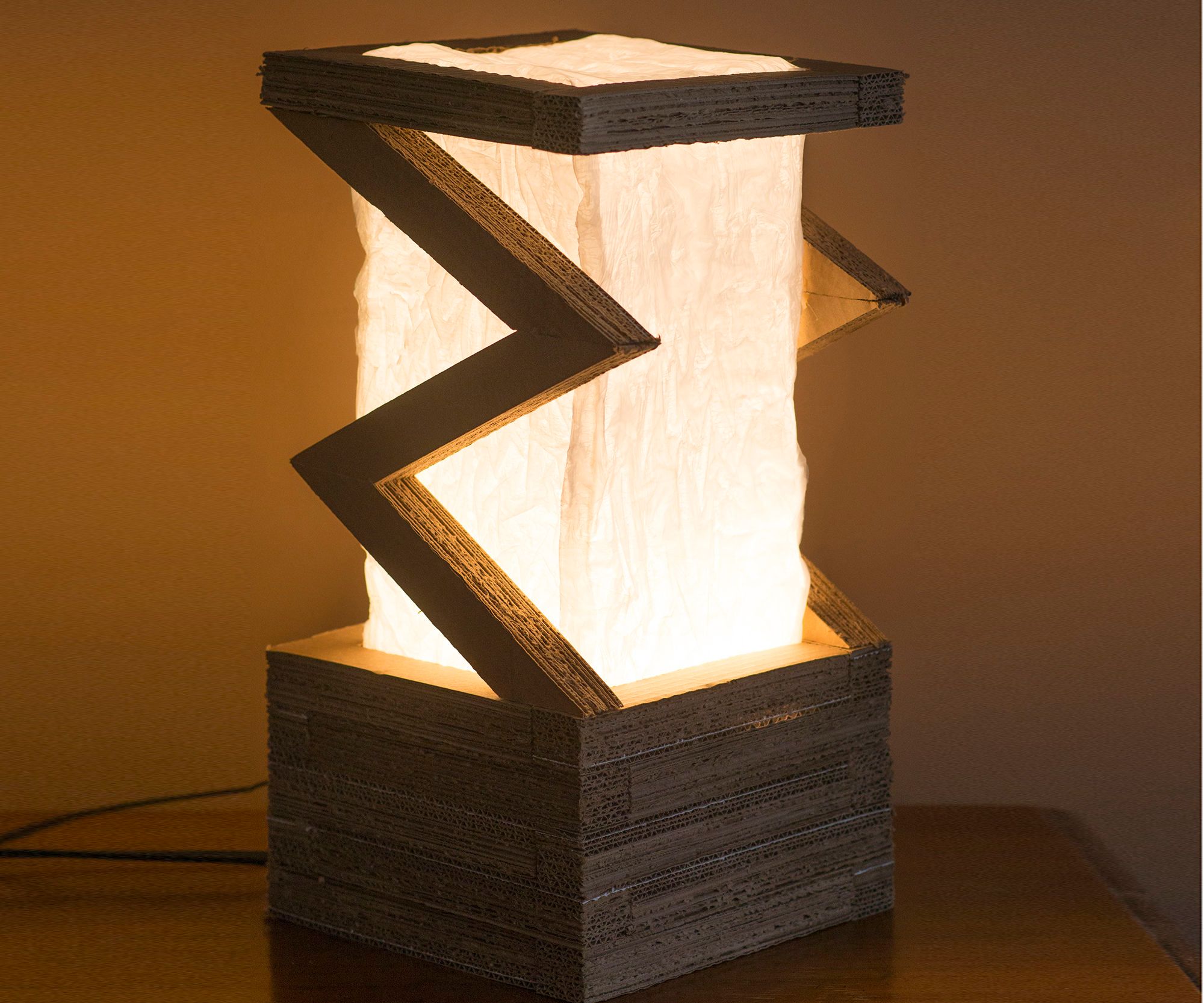 Lamp: Upcycled Corrugated and Plastic Bags