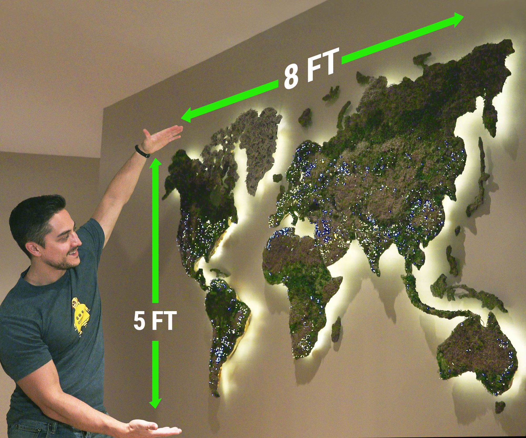 Floating World Backlit Moss Map With Arduino Fiber Optic LED Cities