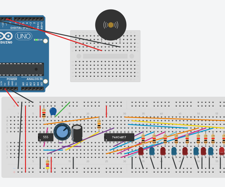 555 Timer With a Decade Counter and LEDS and Piezo Buzzer;basic
