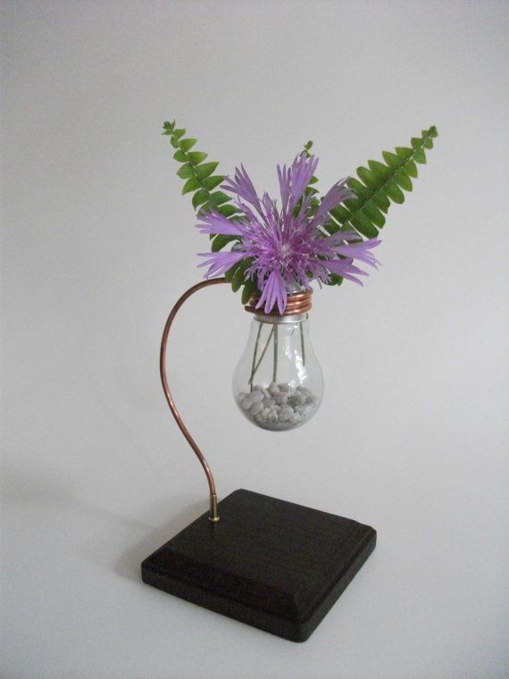 DIY guide for Elegant Lightbulb Flower Vase w/ copper & wooden base - Repurposed & Reused with step-by-step instructions