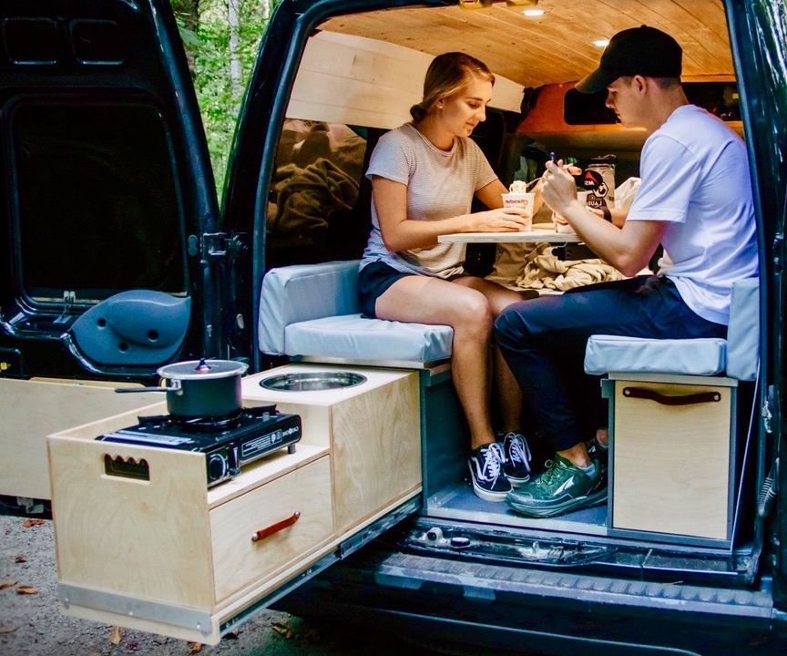 diy camper van kitchen with sink and propane stove #vanlife DIY Project DIY Project Image