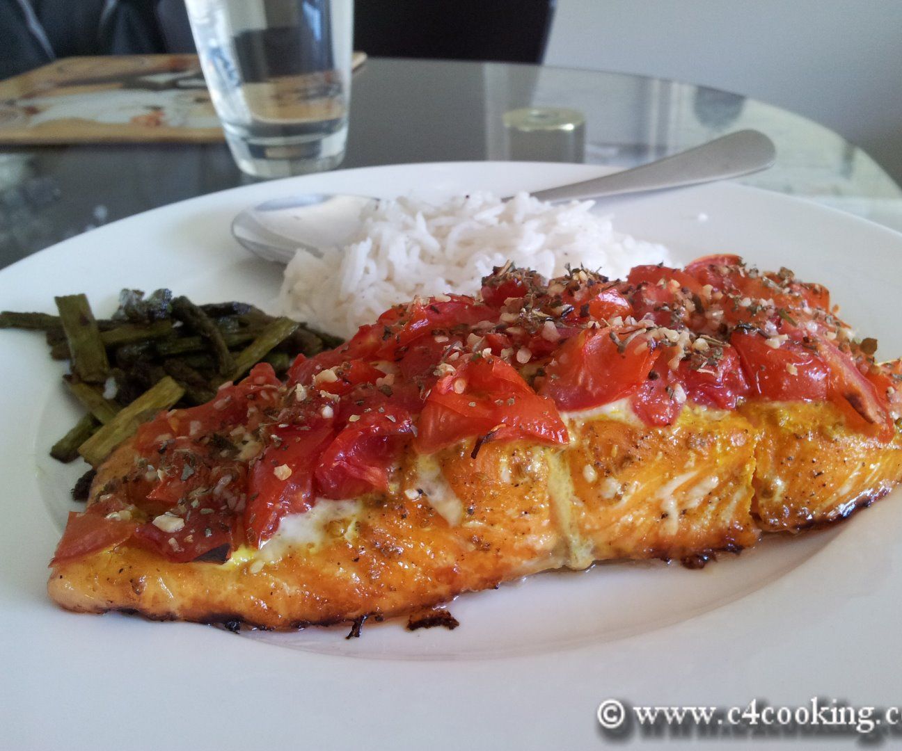 Tantalizing Baked Salmon Meal - Baby Tomato & Herb Crusted Baked Salmon With Rice and Roasted Asparagus