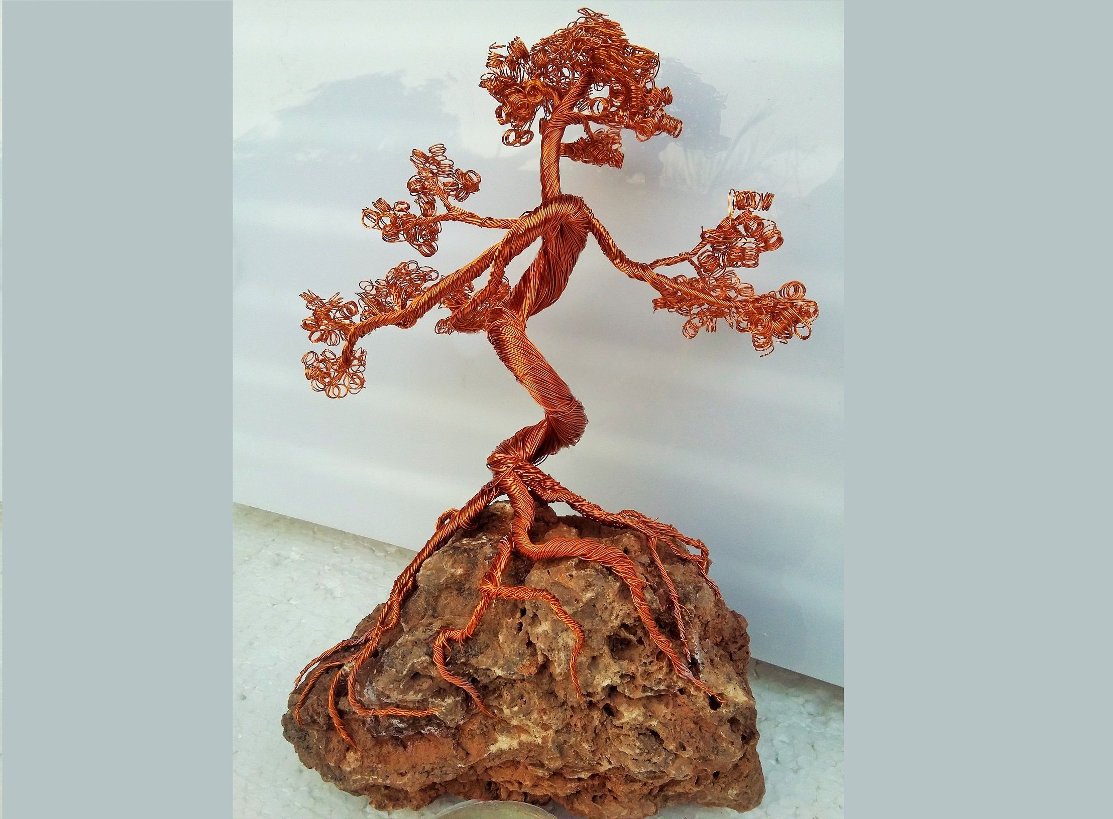 Wrapped Metal wire bonsai Tree on rock Art Objects Sculpture