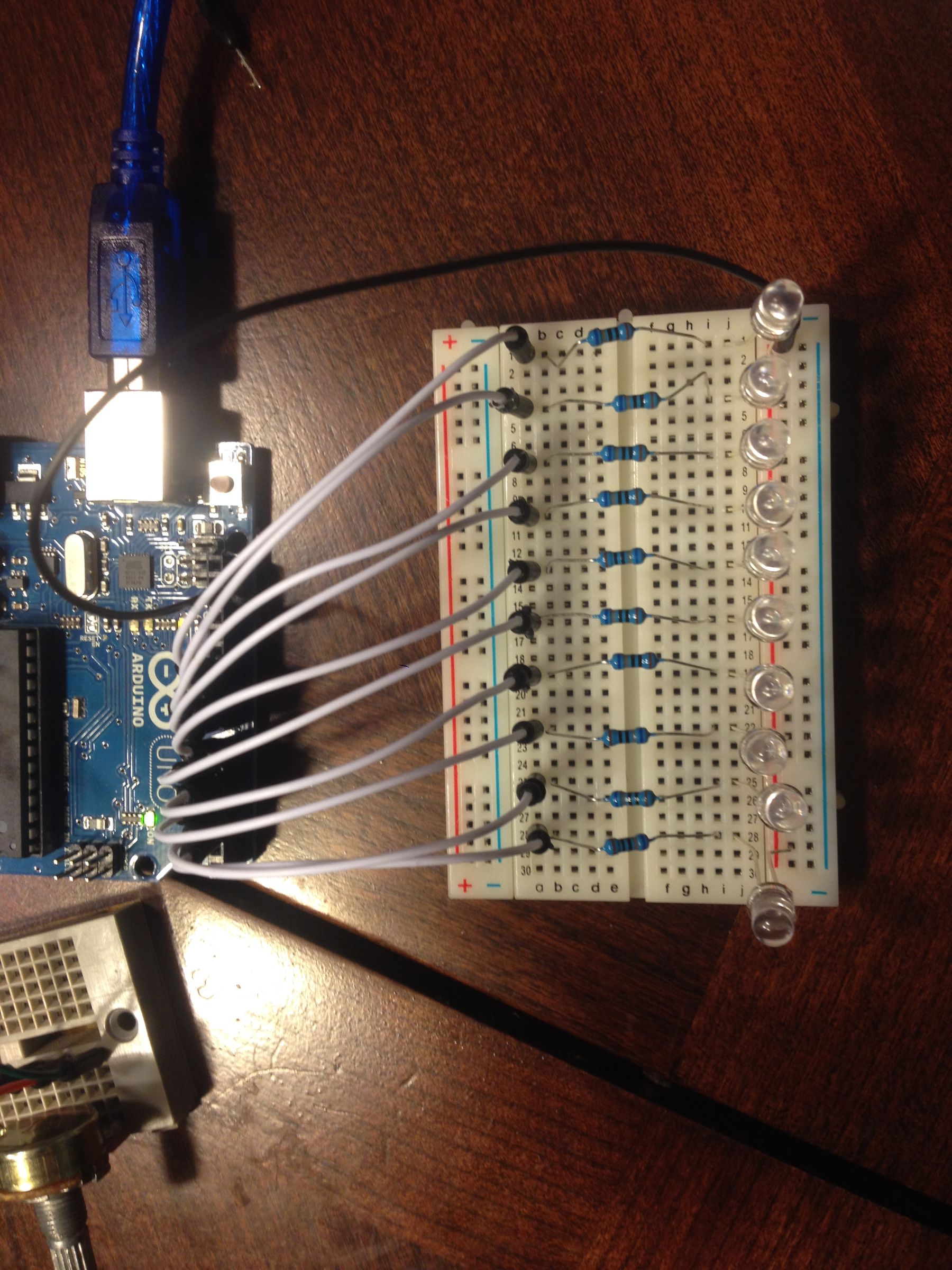 DIY guide for How to use a Potentiometer to create a variable speed "Knight Rider" with LED's with step-by-step instructions