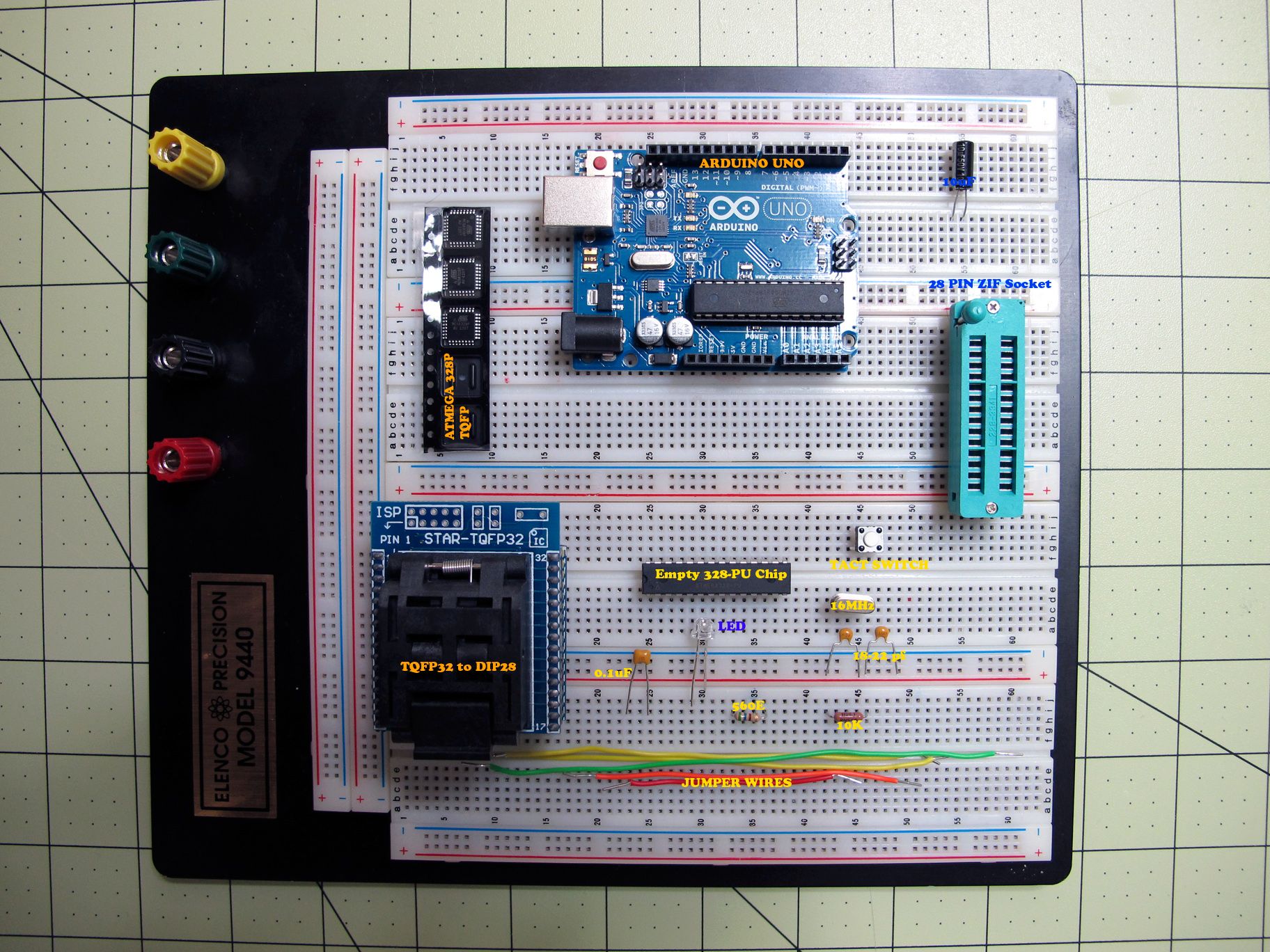 burn arduino bootloader on atmega-328 tqfp and dip chips on breadboard ...