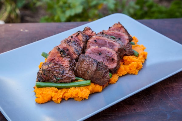 Slice the Fillets Before Serving on a Bed of Sweet Potato Mash With Beans. Slice the Fillets Before Serving on a Bed of Sweet Potato Mash With Beans.