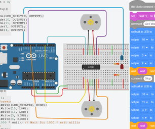Arduino With Dual Motor Tank Coded in TinkerCad Codeblocks and L293D Driver Chip