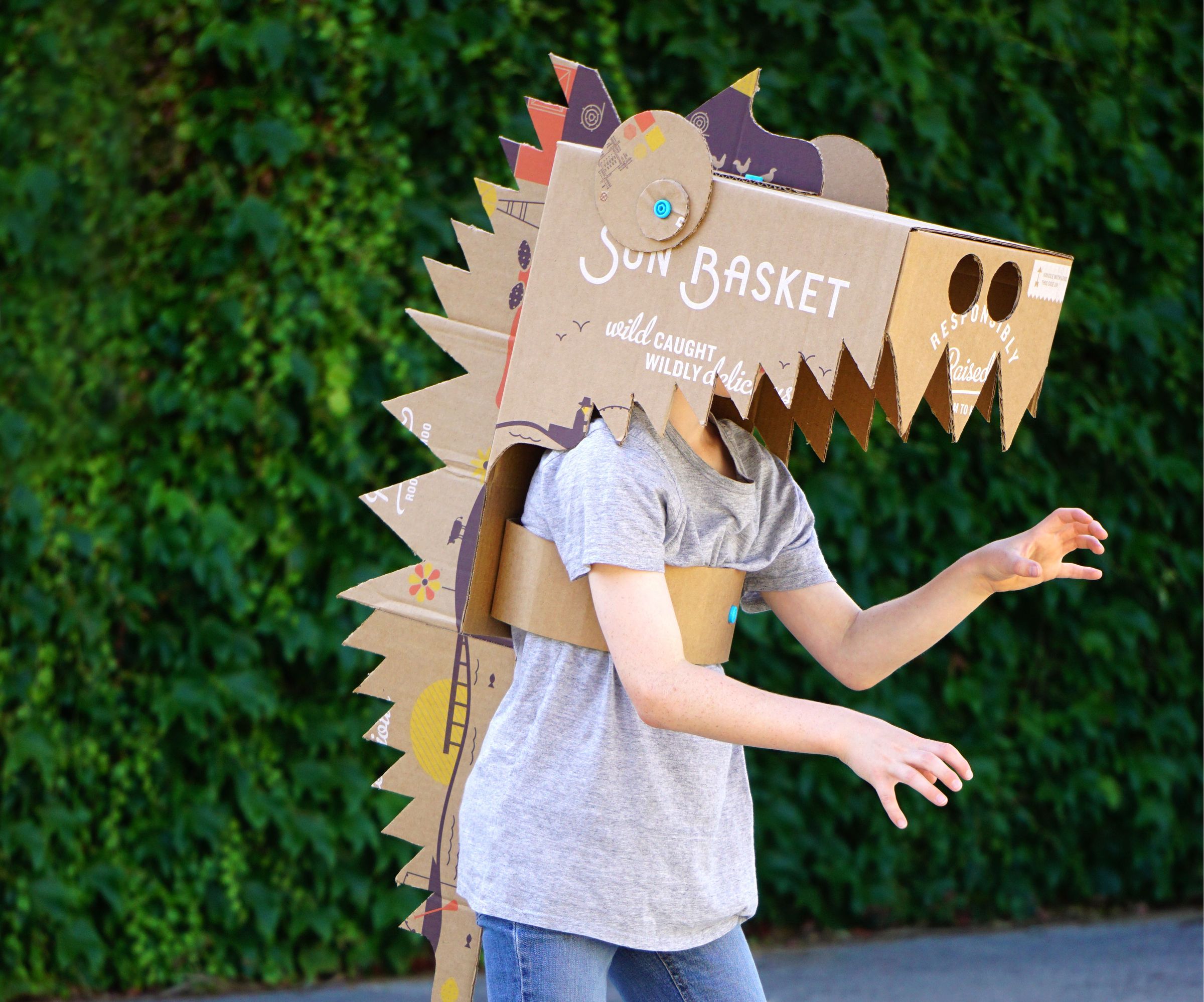 DIY guide for Makedo Dinosaur Costume From a Sun Basket Box with step-by-step instructions