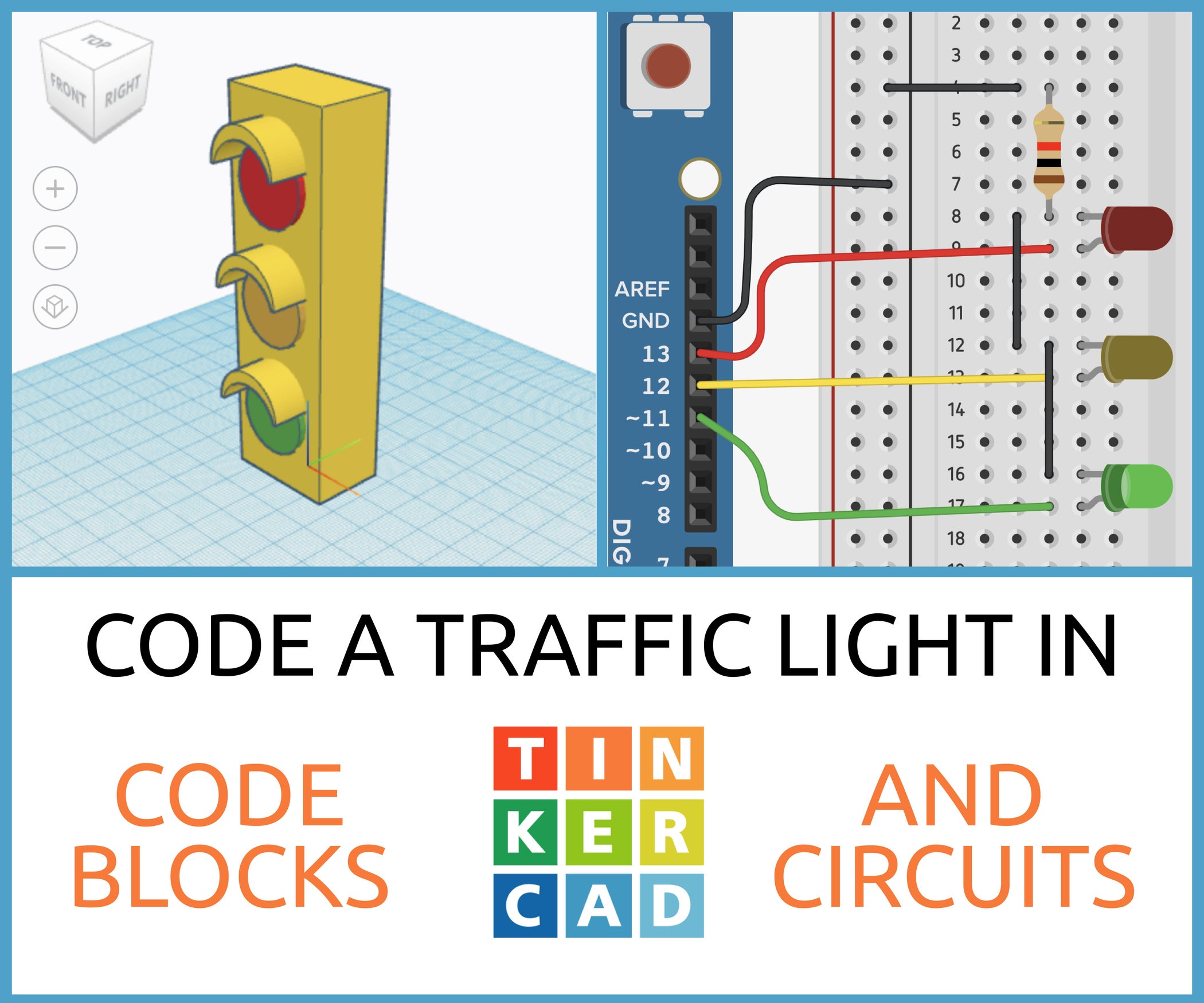 Code a Traffic Light in Tinkercad Codeblocks & Circuits 10 Steps