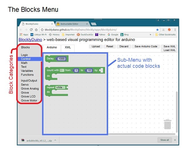 blocklyduino to create arduino sketches