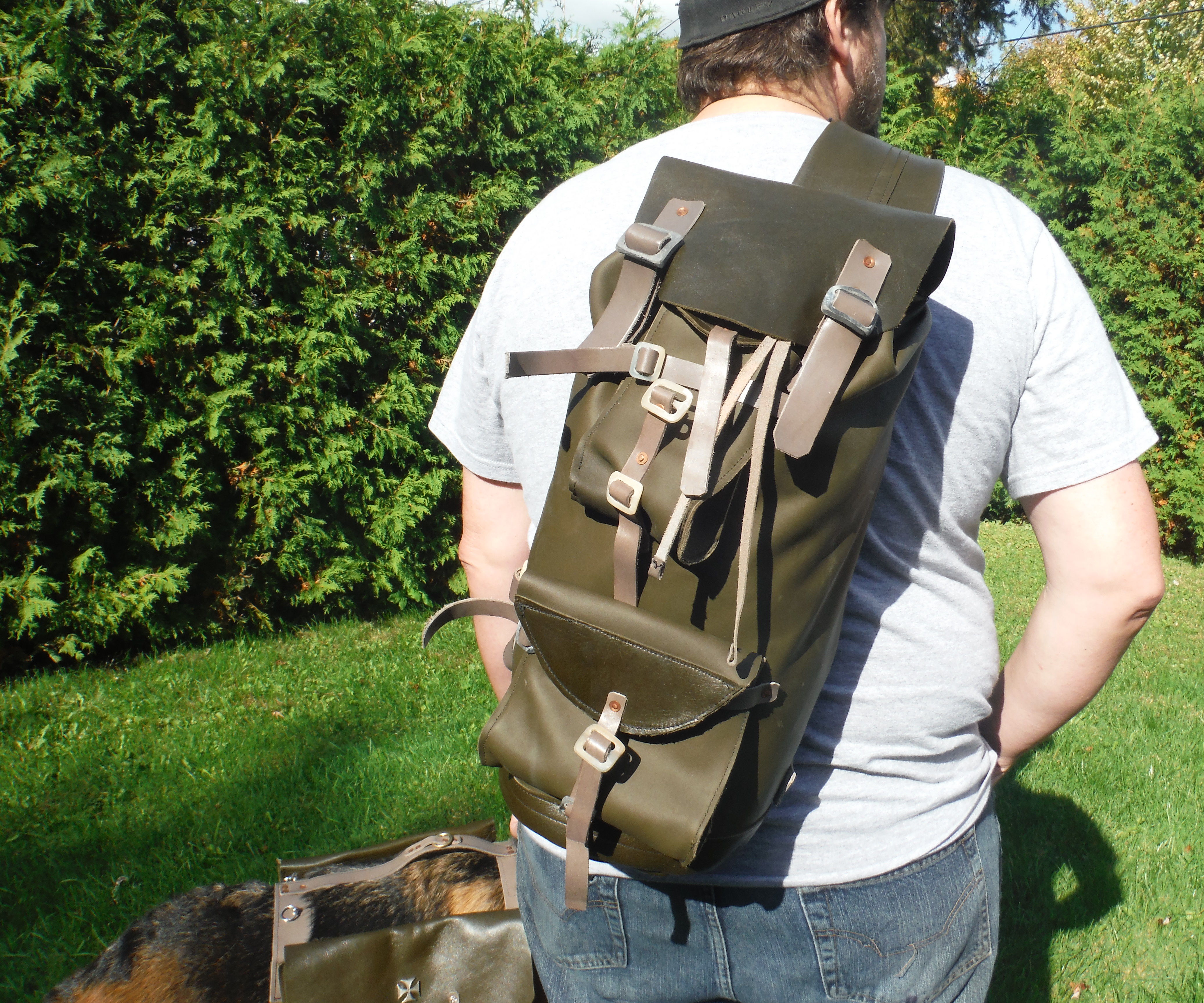 Custom Leather Sling Style Backpacks and Dog Harness