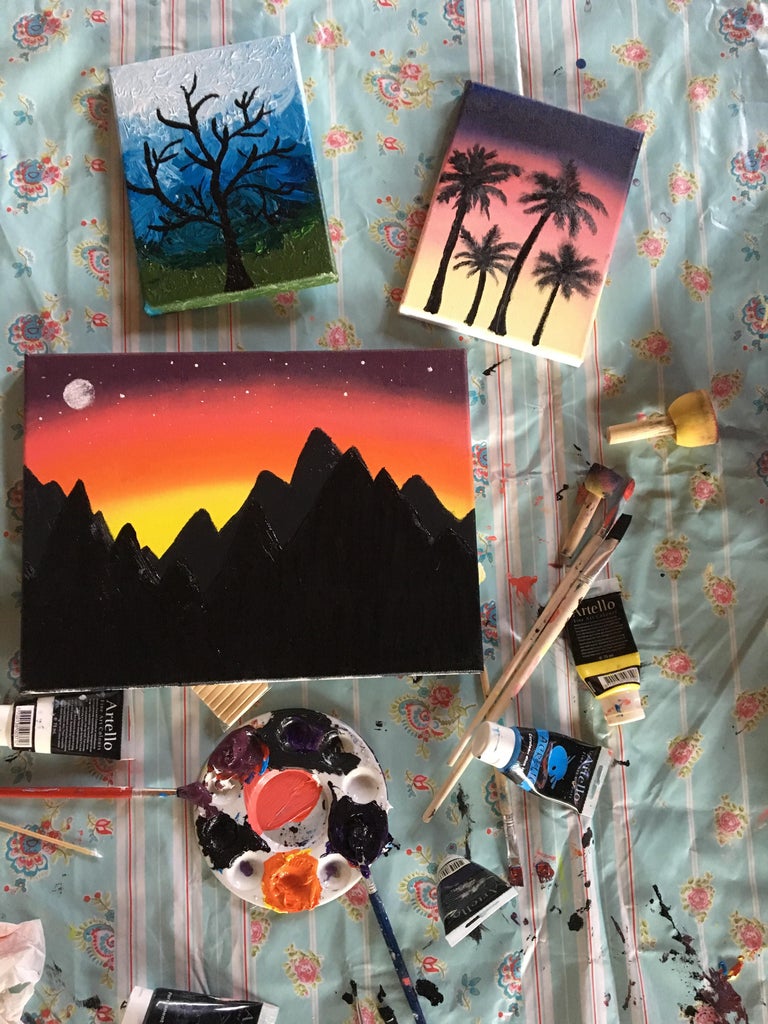SUNSET in Kingman AZ a Fully guided suset paint along fully guided painting tutorial Easy Acrylic canvas… | Easy canvas painting, Canvas painting, Beginner painting