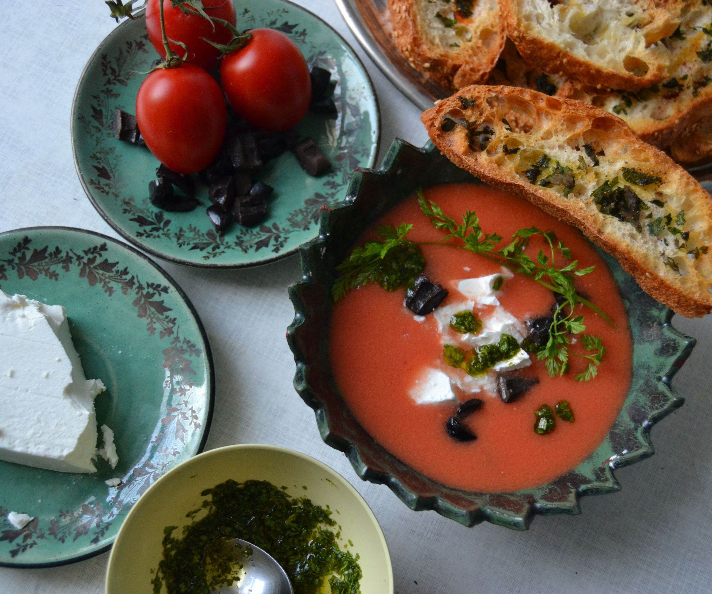 Cold Watermelon & Tomato Soup With Sheep Cheese, Olives and Chervil